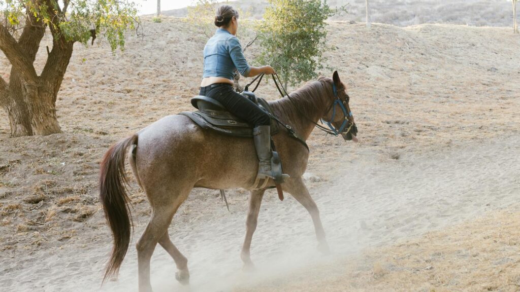 A woman rides a horse along a dusty dirt road surrounded by trees.