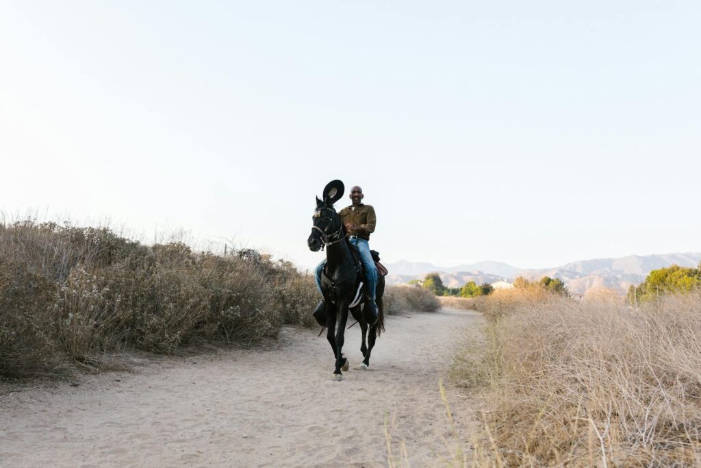 Cowboy riding a black horse along a picturesque sandy trail