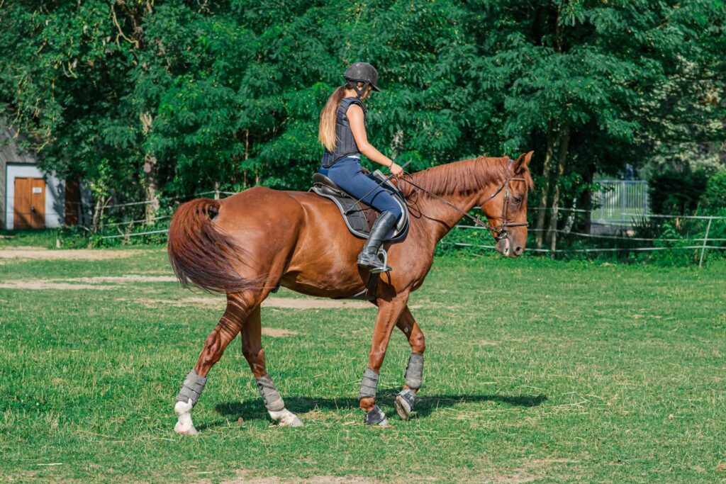 A woman wearing a helmet rides a brown horse in a grassy outdoor setting on a sunny day.
