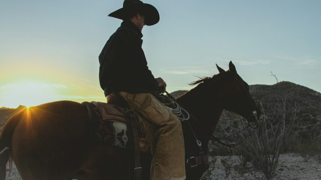 a man riding on the back of a brown horse