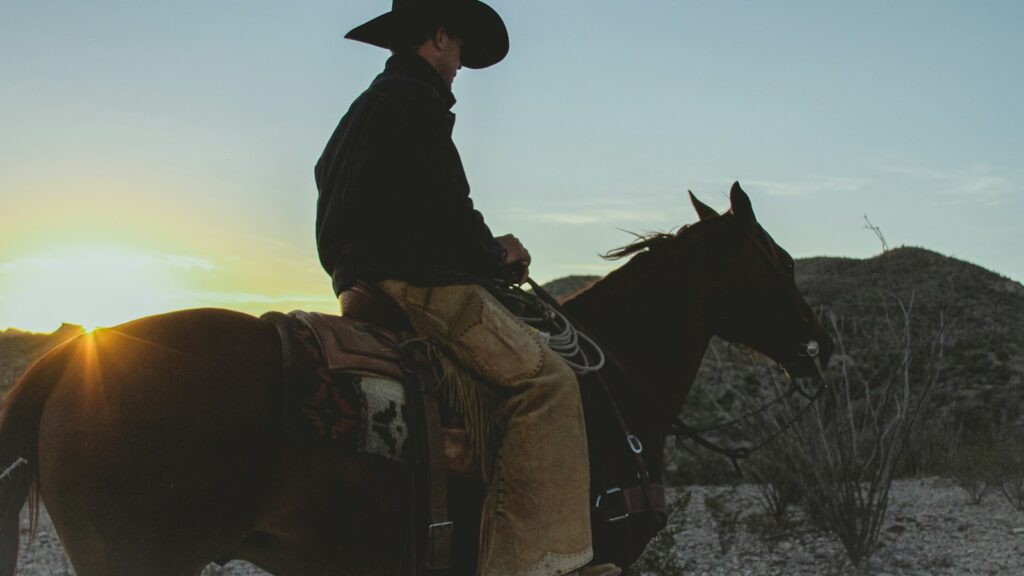 a man riding on the back of a brown horse