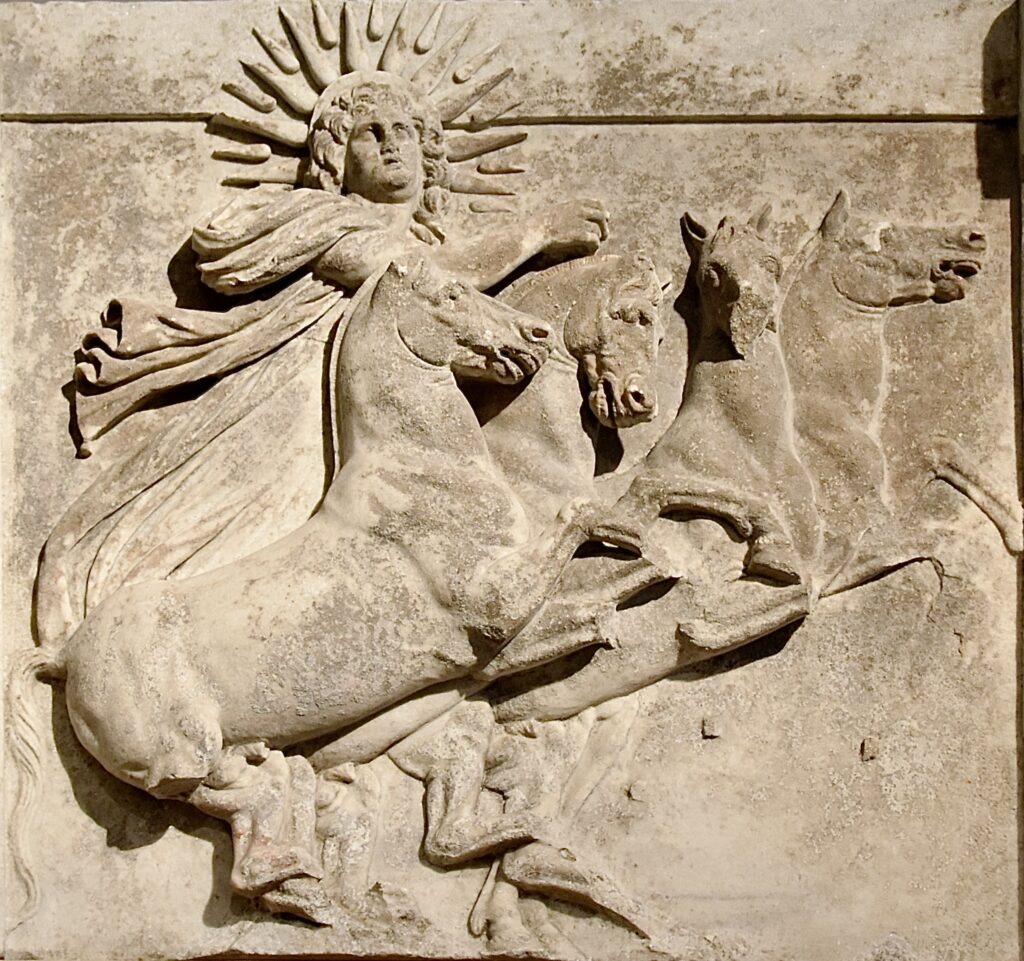 Architrave with sculpted metope showing sun god Helios in a quadriga; from temple of Athena at Troy, ca 300-280 BCE; Altes Museum, Berlin