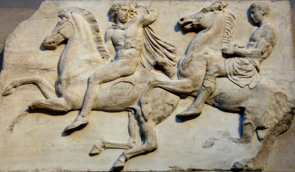 Two young Greek men, galloping their mounts