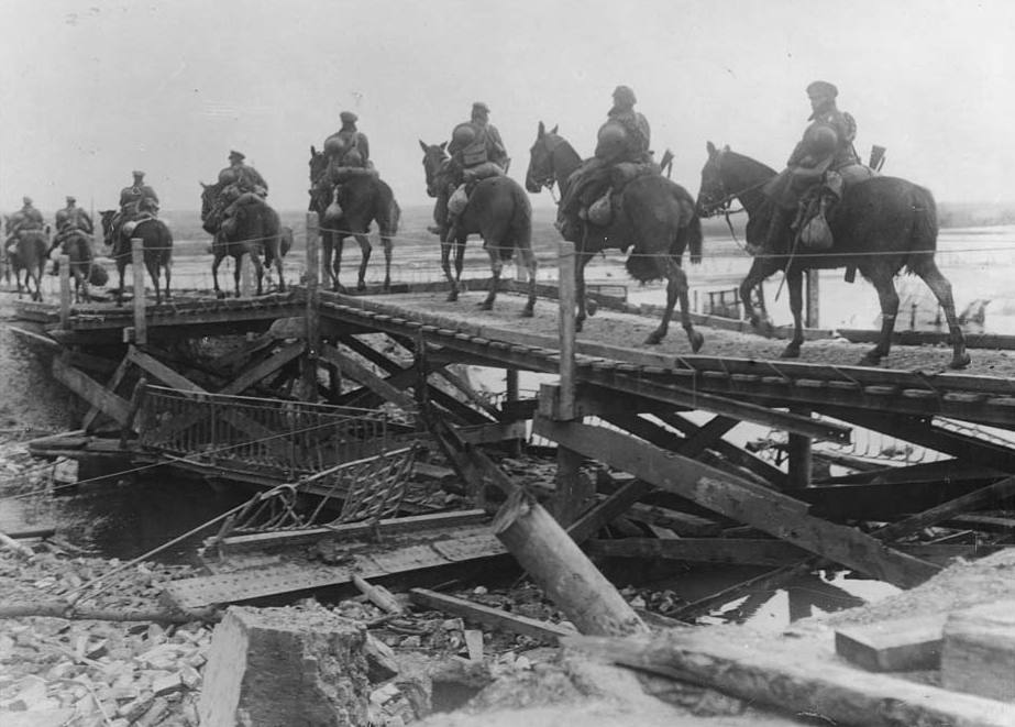 Cavalry passing over a temporary bridge built by our troops to replace the bridge destroyed by the Germans