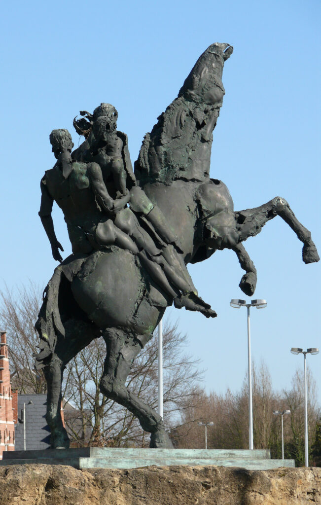 Monument of Steed Bayard at the roundabout at the entrance of the city of Dendermonde, Flanders, Belgium