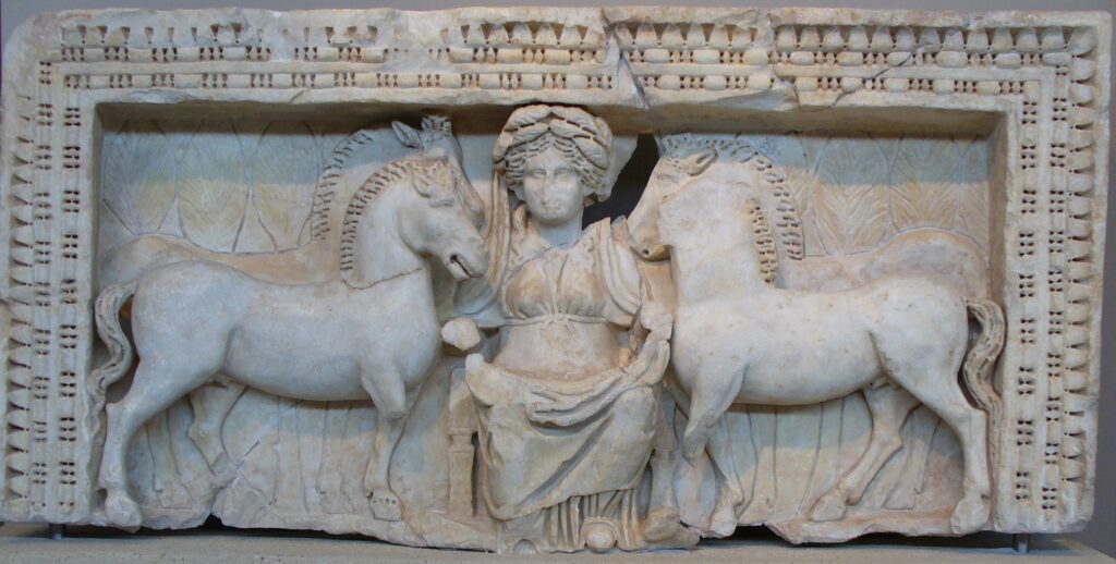 A relief of Epona, flanked by two pairs of horses, from Roman Macedonia, Archaeological Museum of Thessaloniki.