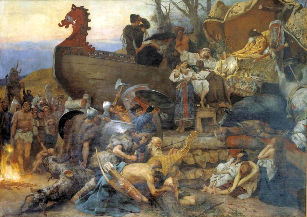 Ship burial of a Rus chieftain as described by the Arab traveler Ahmad ibn Fadlan who visited Kievan Rus in the 10th century, painted by Henryk Siemiradzki (1883).