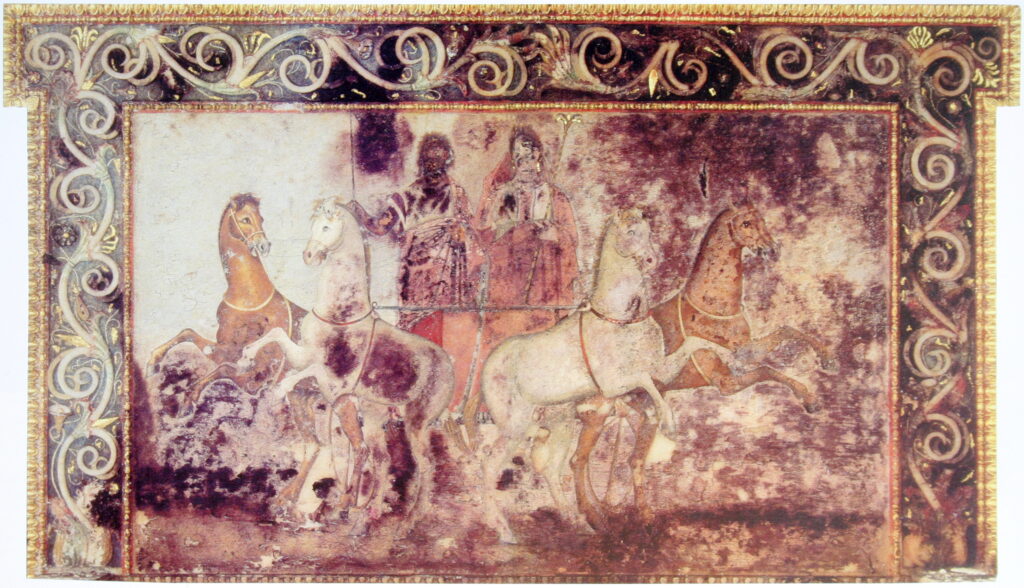 Hades and Persephone, fresco in the tomb called "Eurydice", Vergina, Greece. Colors on marble. 48 x 80 cm.
