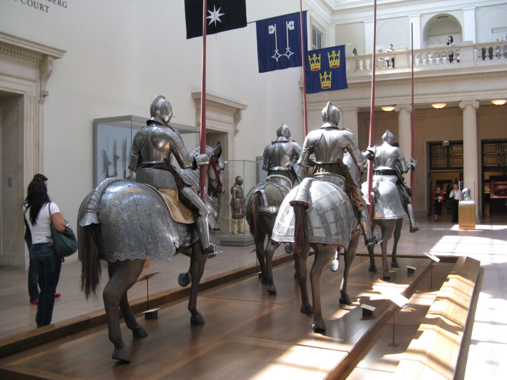 Heavily armoured riders and their barded war horses at the Metropolitan Museum of Art