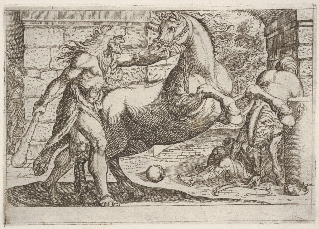 Hercules and the Mares of Diomedes- Hercules grasps the bridle of a rearing horse