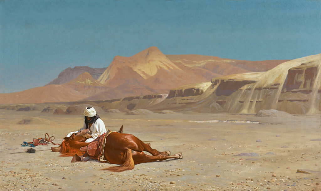 Rider and his steed in the desert, painting by Jean-Léon Gérôme (1872)