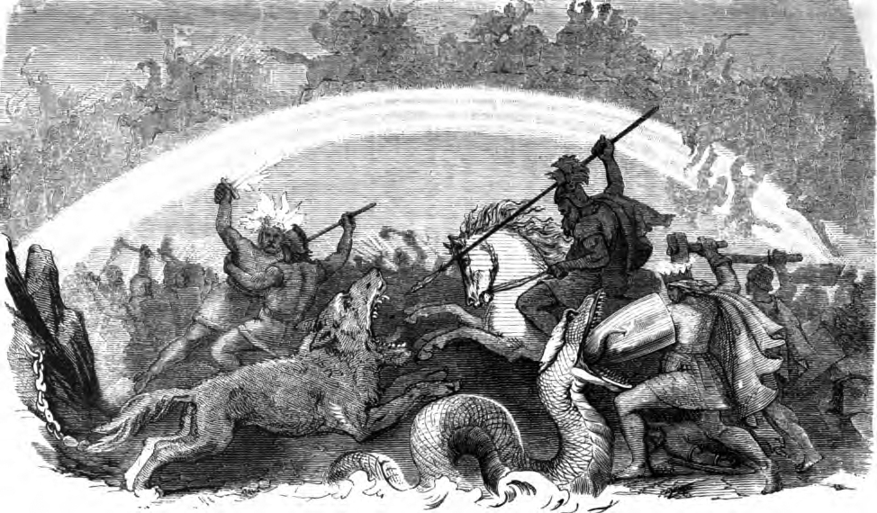 Odin holds rides to battle and aims his spear towards the gaping mouth of the wolf Fenrir