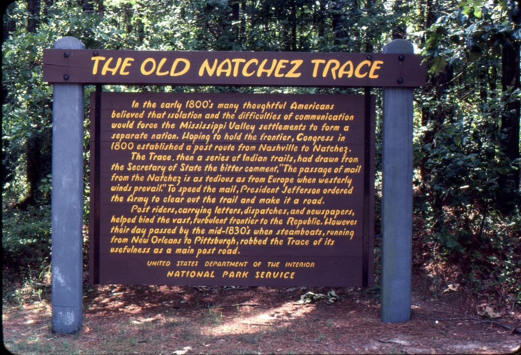 The Old Natchez Trace park sign. Photograph taken in 1980s and scanned from original slide.