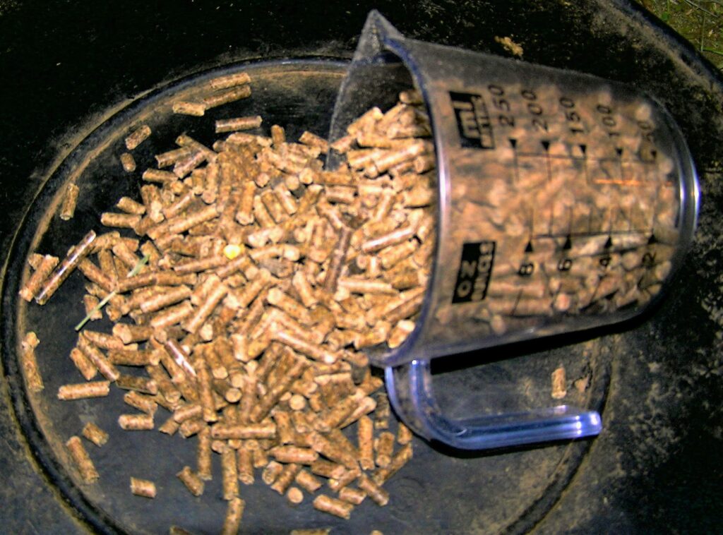 A manufactured pelleted ration for horses, made of grains and other plant products with vitamins and minerals added