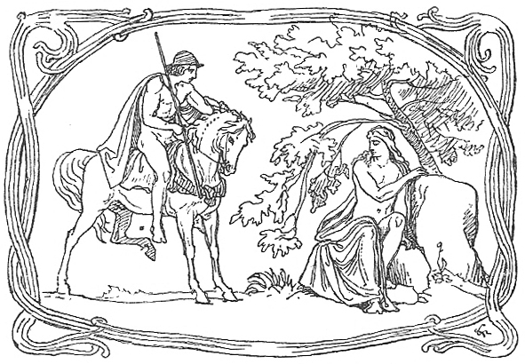 Skírnir riding a mount presumed to be Blóðughófi, from a drawing by Lorenz Frølich.