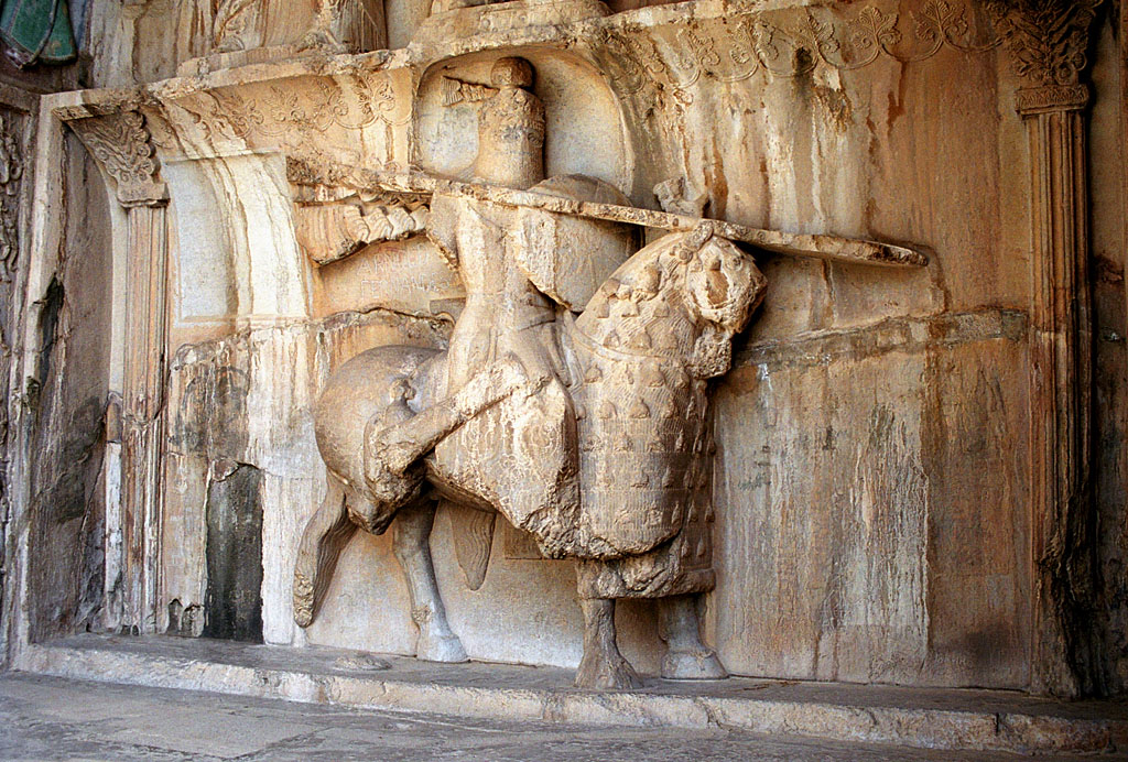 Sculpture of a Sasanian cataphract in Taq-e Bostan, Iran, 4th century CE