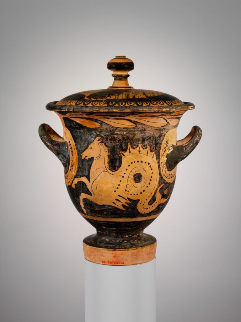 Terracotta bell-krater (mixing bowl) with lid; Greek, Boeotian; classical period