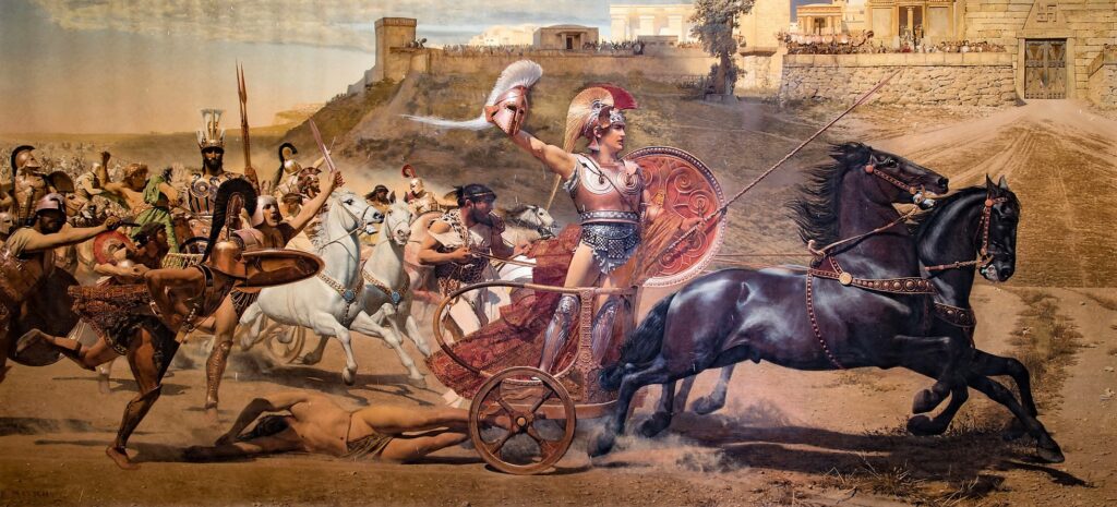 Achilles dragging the dead body of Hector in front of the gates of Troy.
The original painting is a fresco on the upper level of the main hall of the Achilleion at Corfu, Greece.