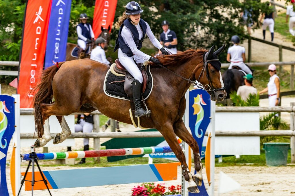 Girl in blue and white long sleeve shirt riding brown horse during daytime