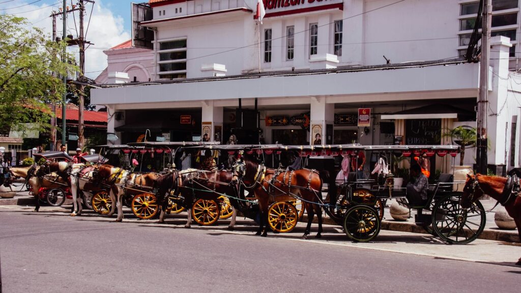 a row of horses pulling carriages down a street