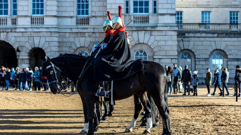 man in black and white coat riding black horse during daytime