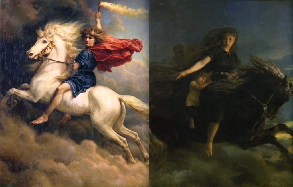 "Dagr" (1874) by Peter Nicolai Arbo and "Nótt" by Peter Nicolai Arbo.