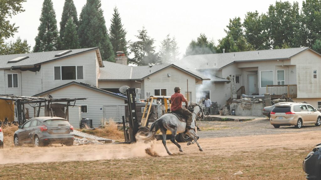 person riding horse near vehicles and houses