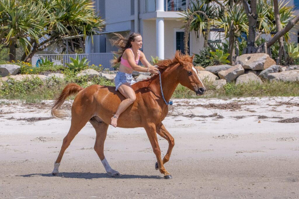 A girl riding a horse on the beach