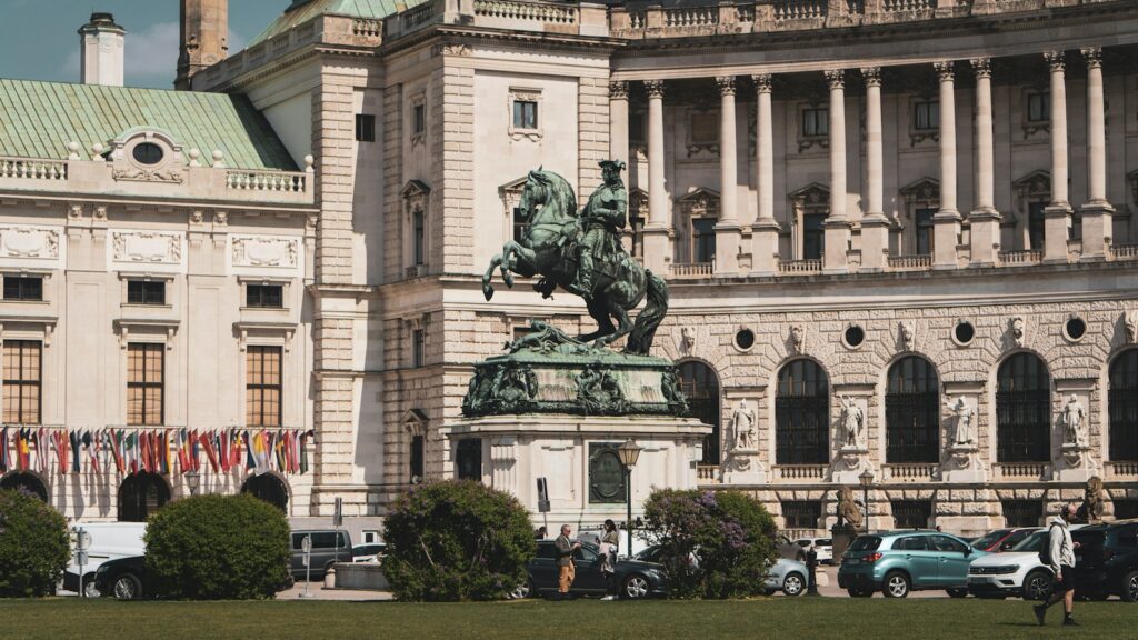 A statue in front of a building
