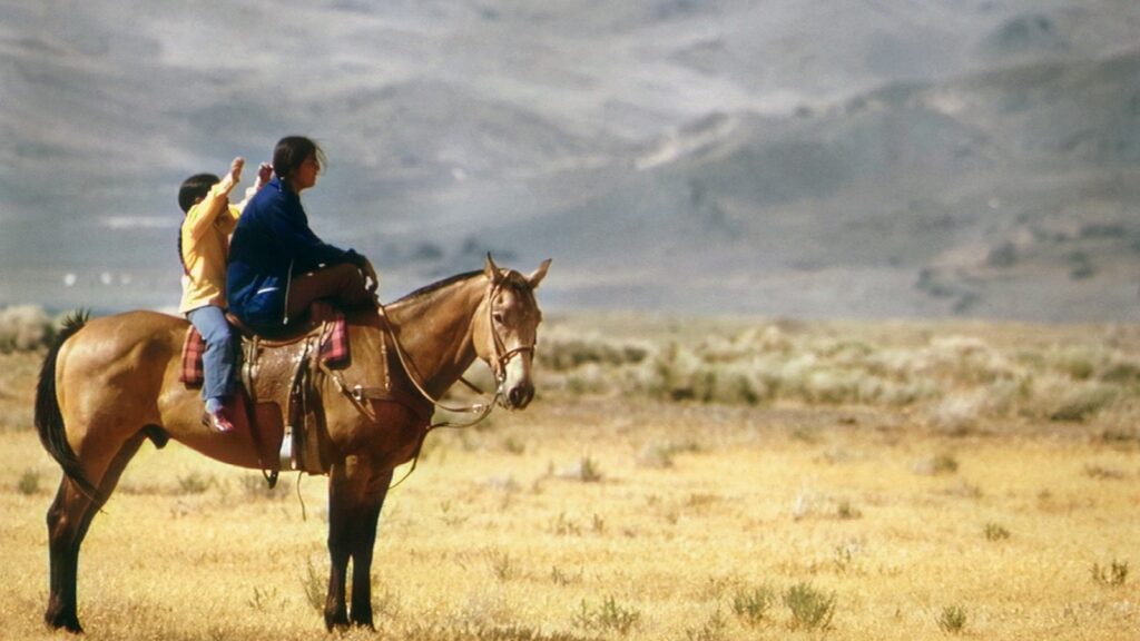 a couple of people riding on the back of a brown horse