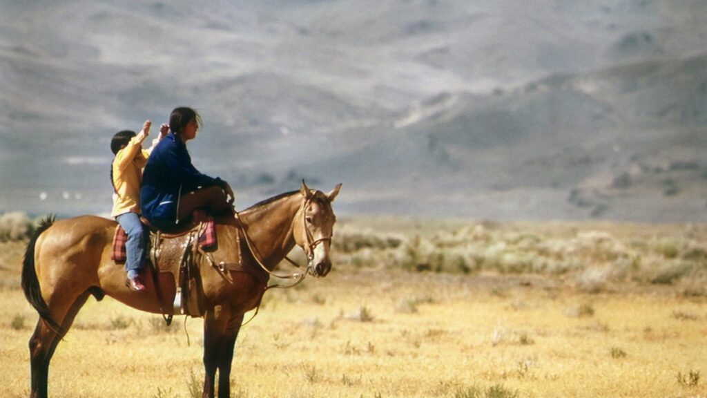 a couple of people riding on the back of a brown horse