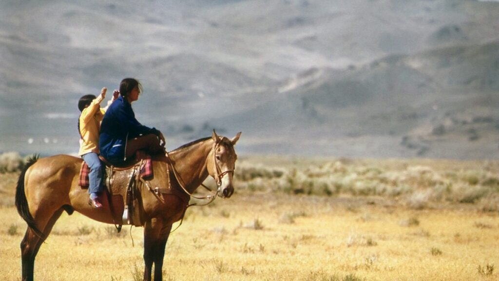 a couple of people riding on the back of a brown horse