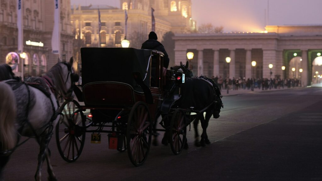 A couple of horses pulling a carriage down a street