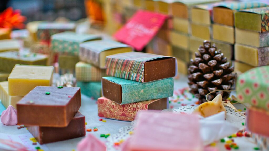 assorted-color bar soap lot on white surface