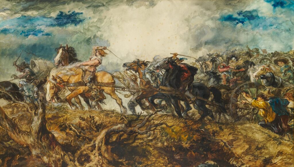 a painting of a group of men on horses