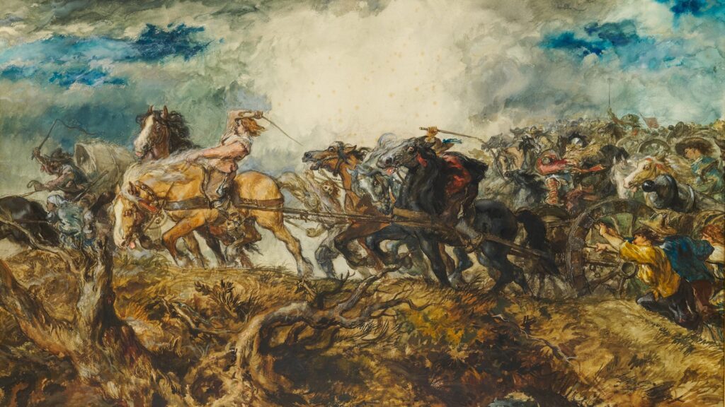a painting of a group of men on horses