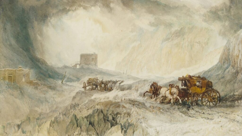 a painting of a horse drawn carriage in the snow
