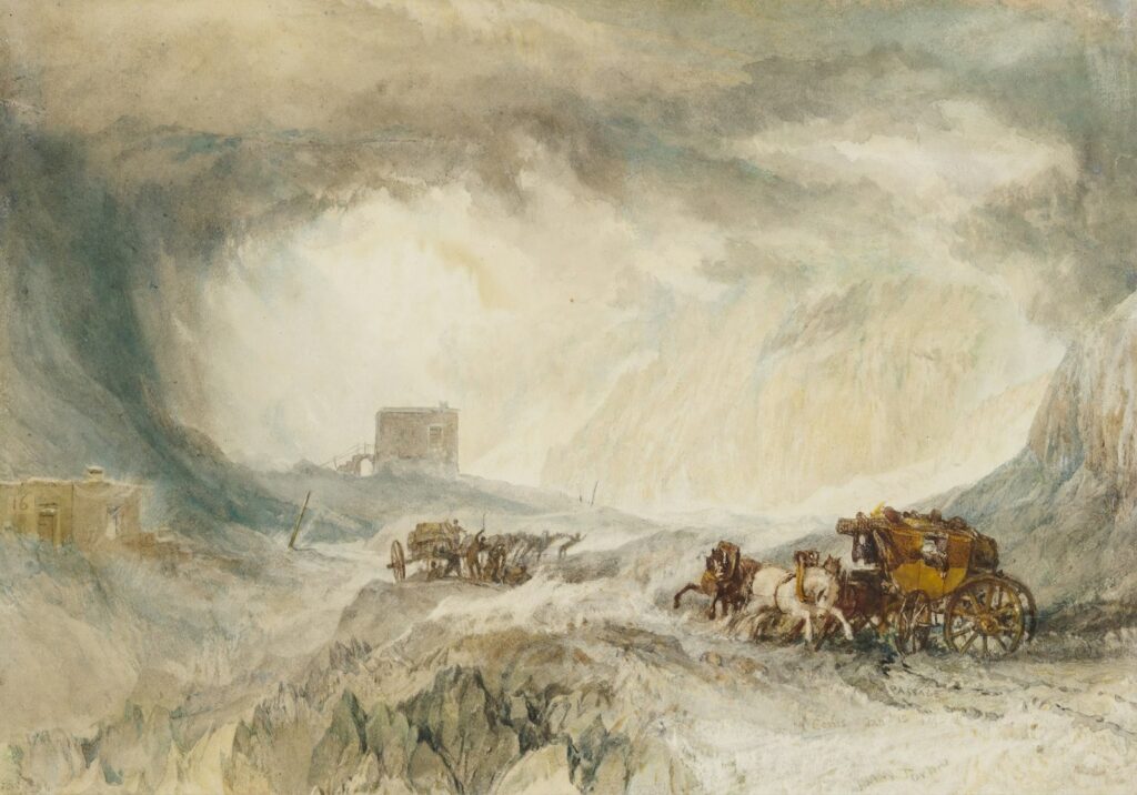 Apainting of a horse drawn carriage in the snow
