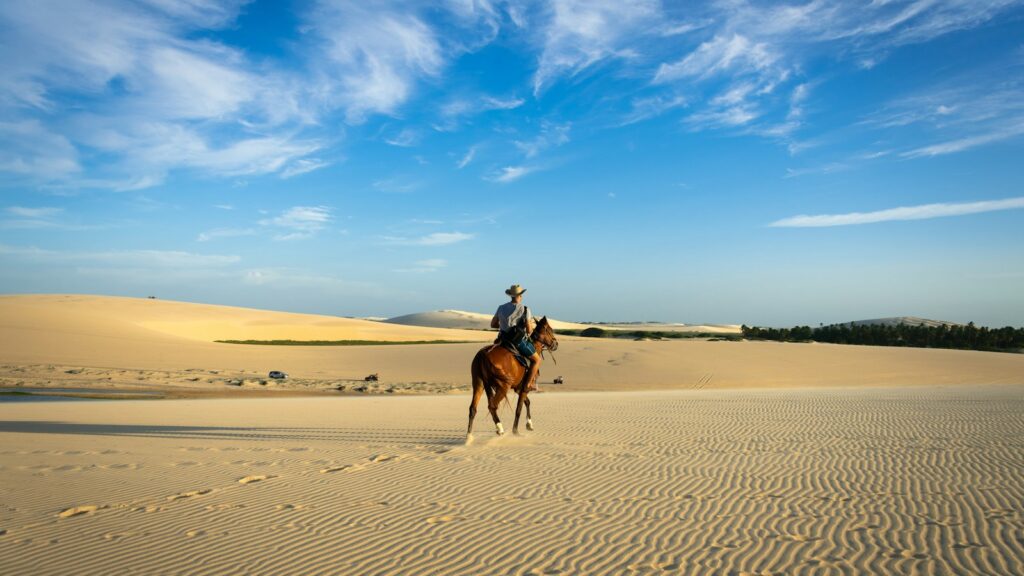 man riding on horse at middle of desert
