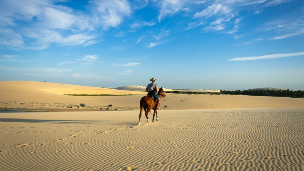 man riding on horse at middle of desert