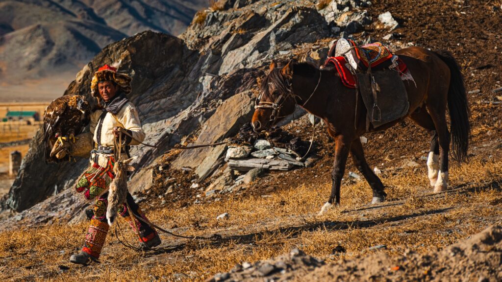 A person leads a horse in a mountain setting.