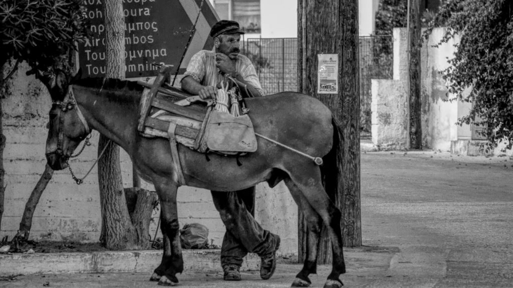 grayscale photography of man standing beside horse