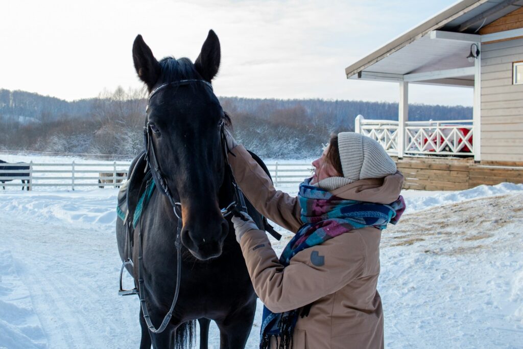 A woman is petting a horse in the snow