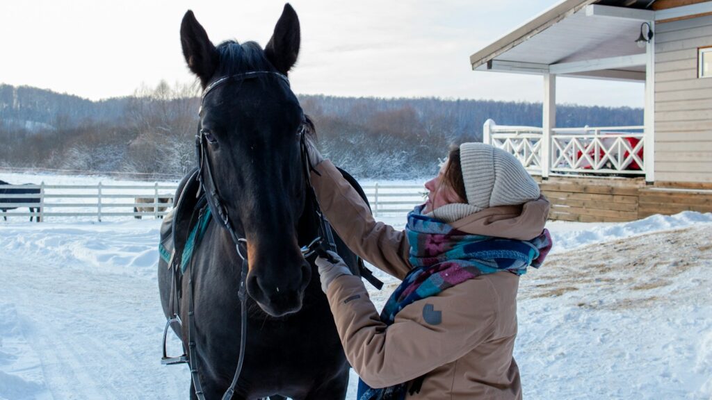 a woman is petting a horse in the snow