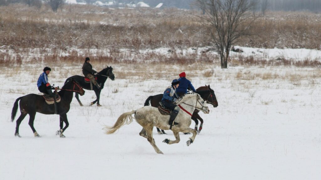 people riding horses on snow covered field during daytime