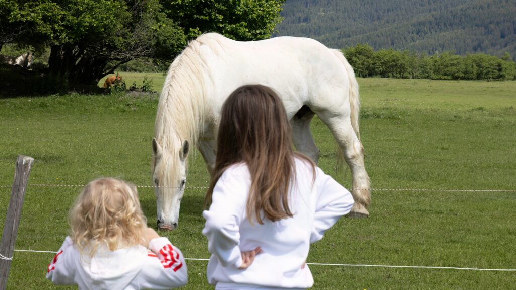 a woman and a little girl standing in front of a white horse