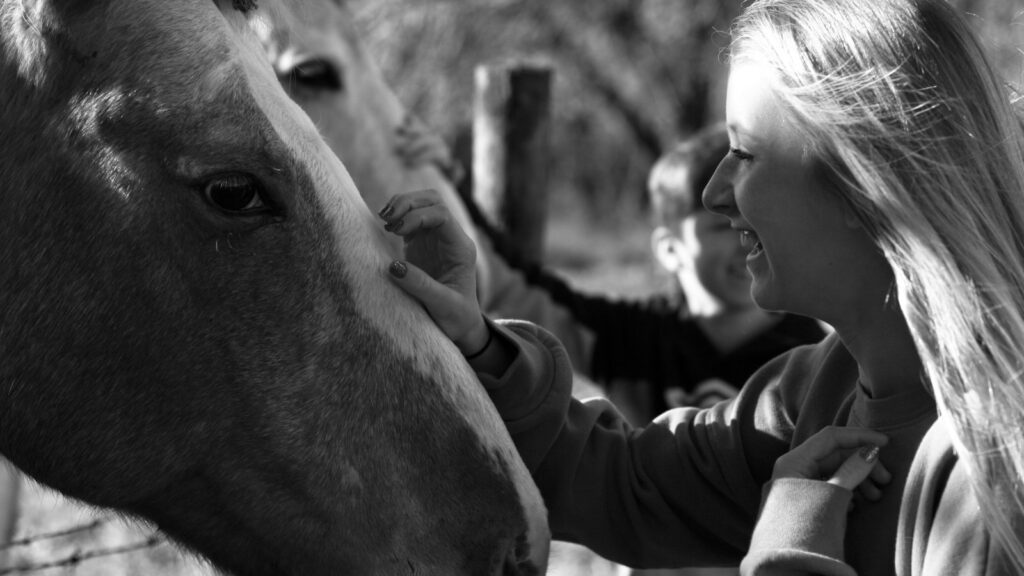 woman holding horse during daytime