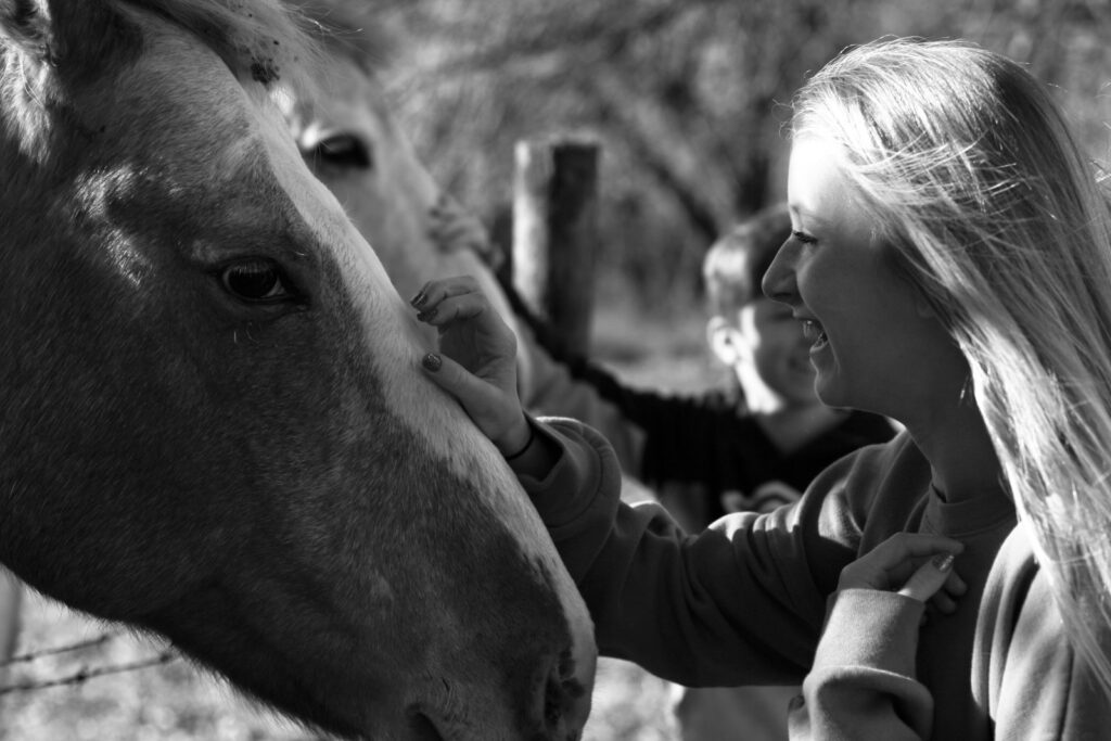 Woman holding horse during daytime