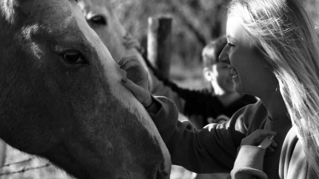woman holding horse during daytime