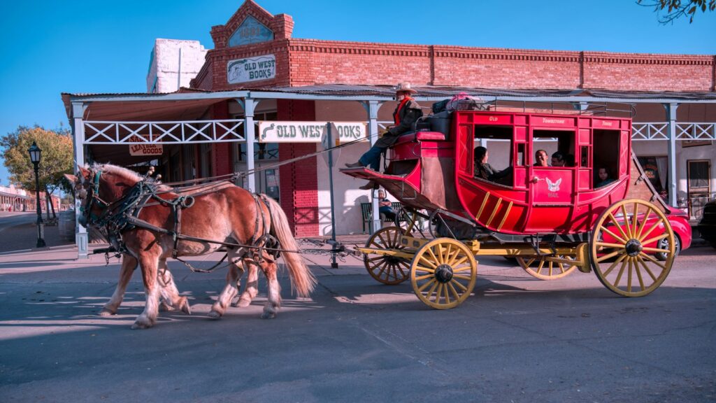 pink carriage with brown horse